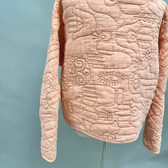 Oscilatey Quilt Funnel Neck Orange Pullover with Hasma/Evil Eye Size Medium - Picture 10 of 14